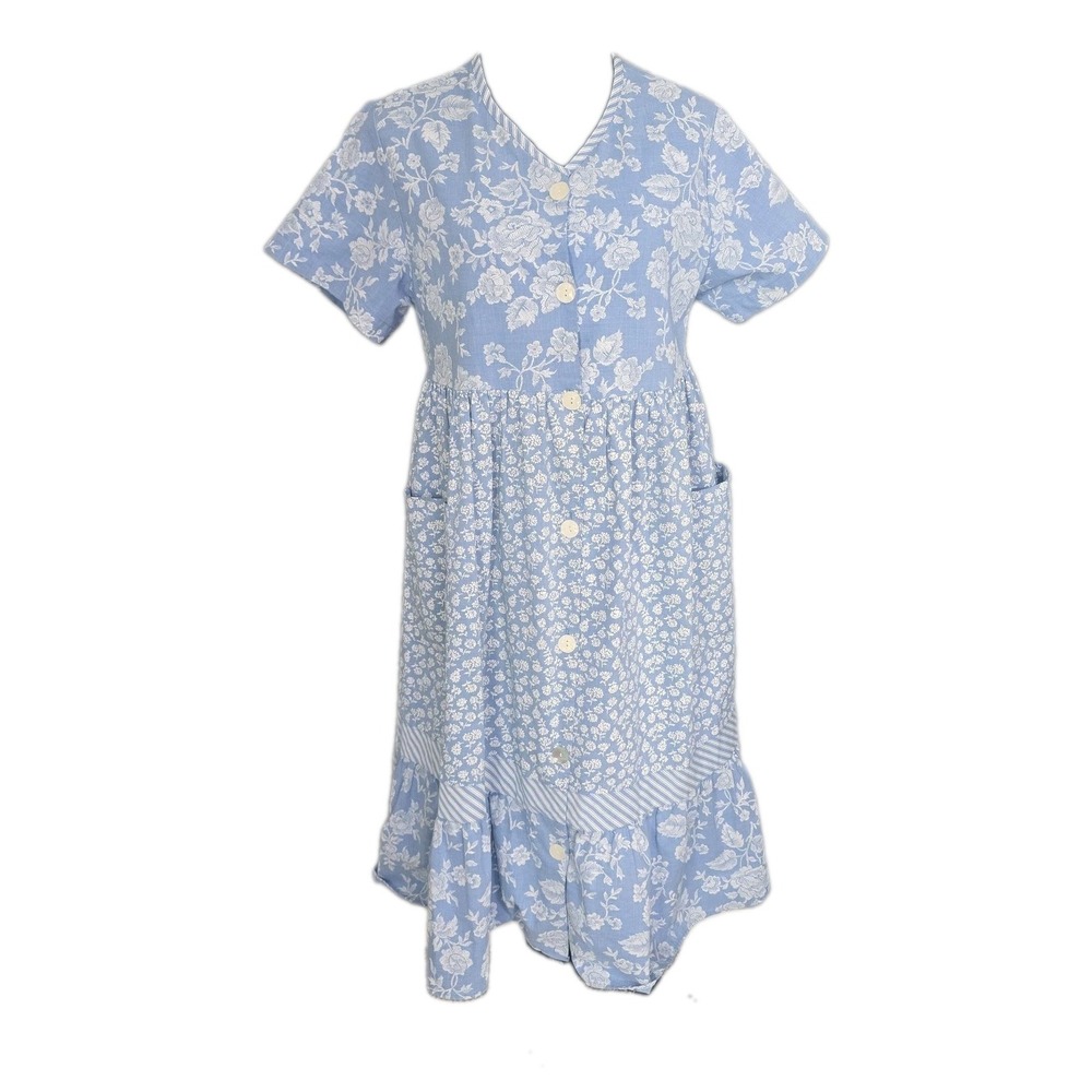 Vintage Appel Cottagecore Midi Dress Medium Full Button Front Blue Bloomcore